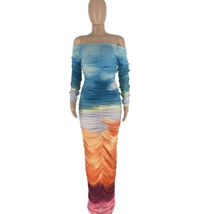 Vestido largo informal elegante con estampado tie-dye, hombros descubiertos y manga larga con pliegues para mujer