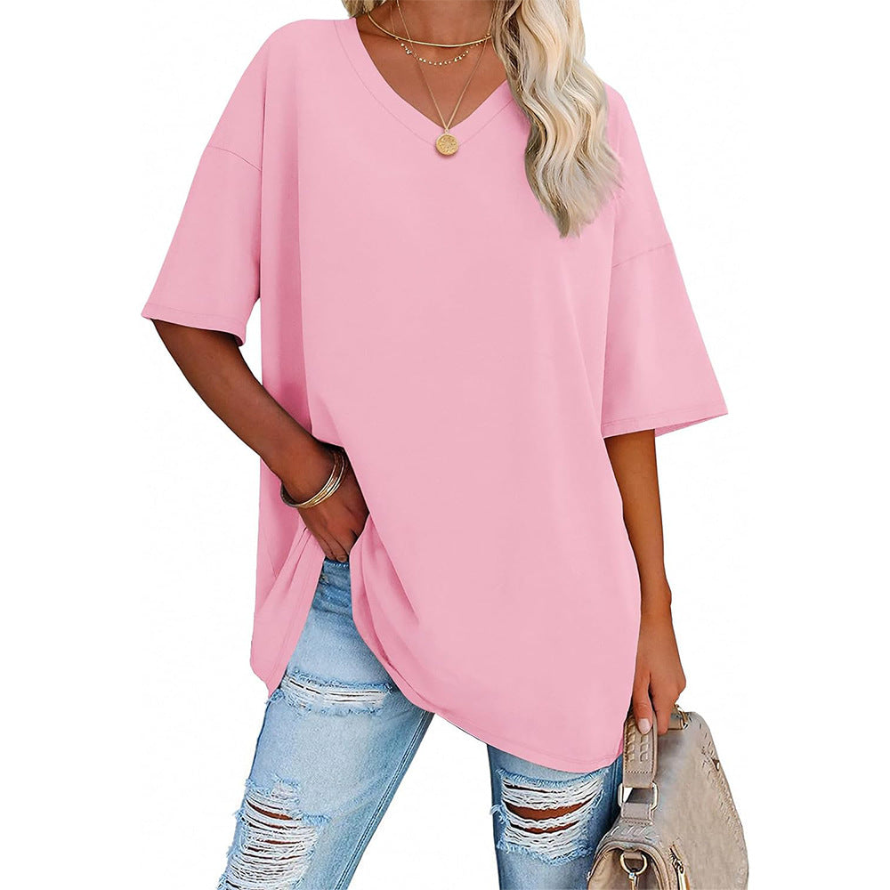 Camiseta informal holgada de color liso con cuello en V para mujer
