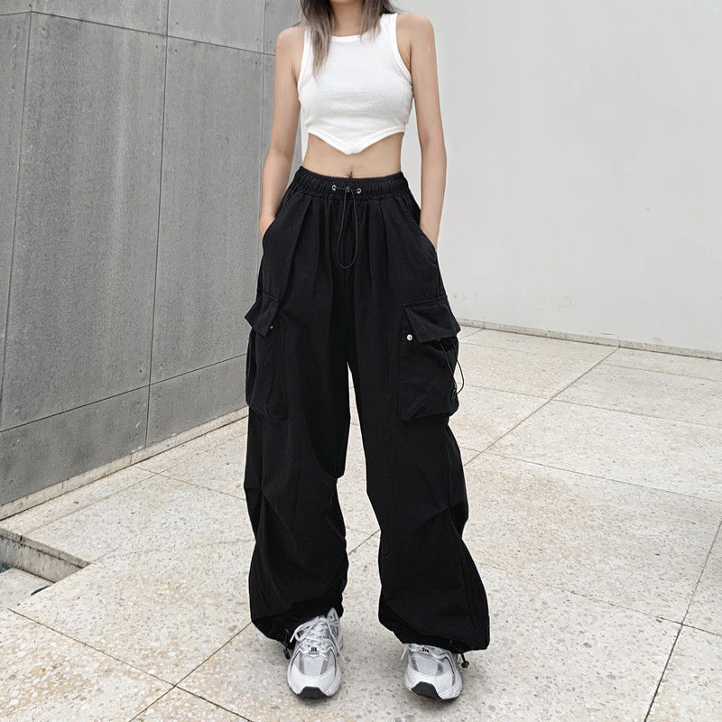 Pantalones cargo holgados de pierna de color sólido estilo retro informal para mujer