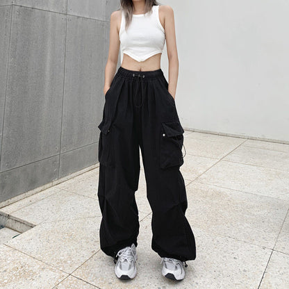 Pantalones cargo holgados de pierna de color sólido estilo retro informal para mujer