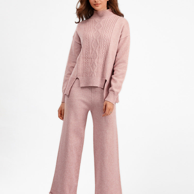 Conjunto de dos piezas de suéter de cuello alto de punto de color liso informal para mujer, otoño e invierno, pantalones de pierna ancha