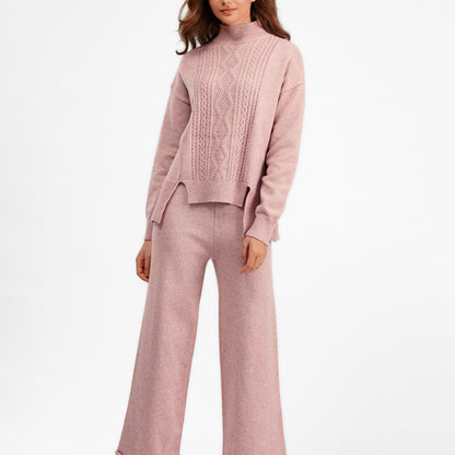 Conjunto de dos piezas de suéter de cuello alto de punto de color liso informal para mujer, otoño e invierno, pantalones de pierna ancha
