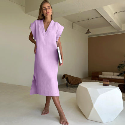 Women Fashion Casual V-Neck Side Split Home Pajamas