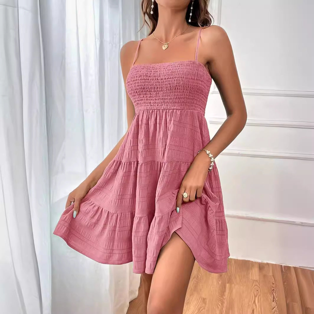 Women Fashion Casual Solid Color Pleated Spaghetti Strap Dress