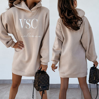 Women Autumn Winter Hooded Urban Casual Fashion Letter Printed Long Sleeves Dress