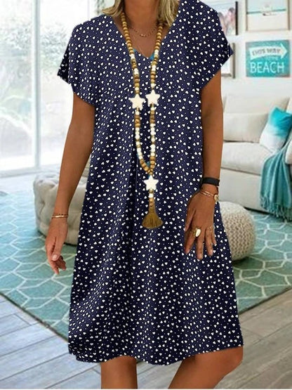 Women Fashion Casual V-Neck Dot Heart Print Dress