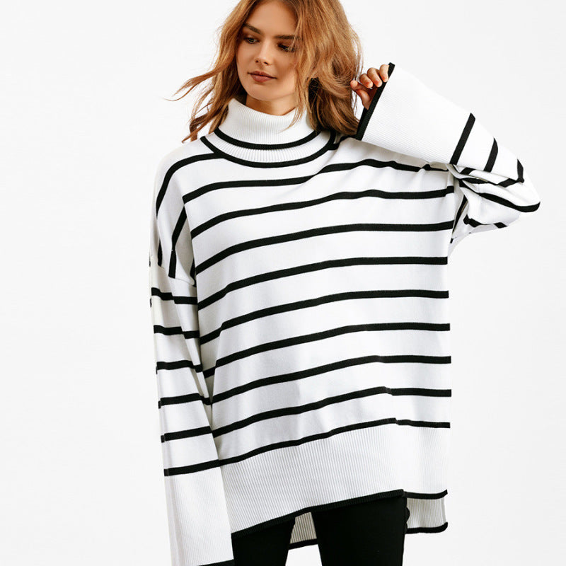 Autumn And Winter Women Casual Stripe Turtleneck Knitted Sweater