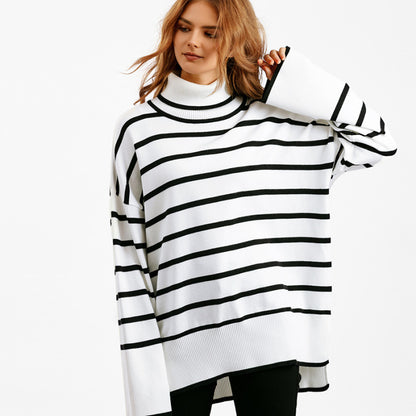 Autumn And Winter Women Casual Stripe Turtleneck Knitted Sweater