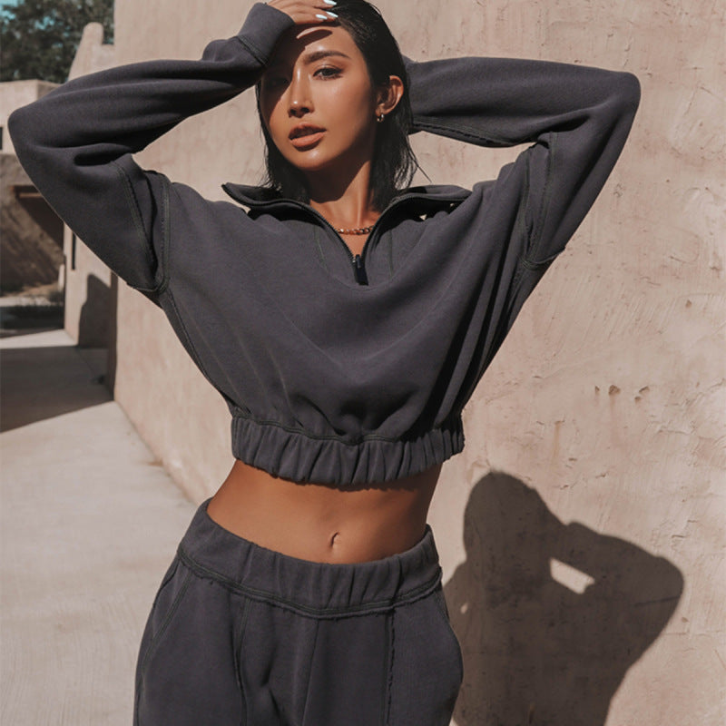 Women Solid Color Stand Collar Zip Long Sleeve Top And Pants Casual Sports Two Piece Set