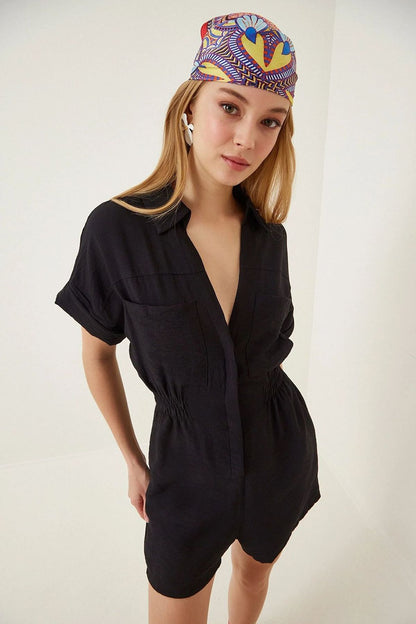 Overalls Casual Women Short-Sleeved Loose-Fit Cotton And Linen Casual Wide-Leg Rompers