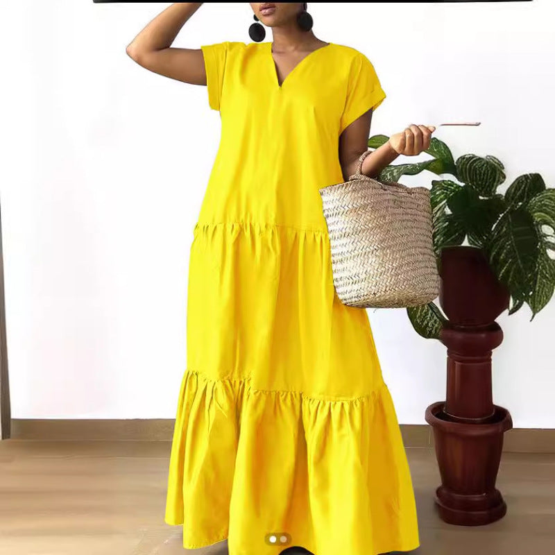 Women Fashion Casual Solid Color V-Neck Short Sleeve Maxi Dress