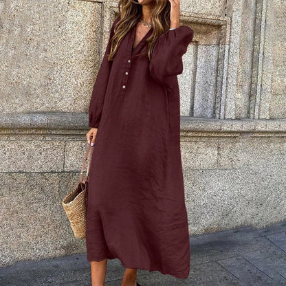 Women Fashion Casual Solid Color V-Neck Button Long Sleeve Dress