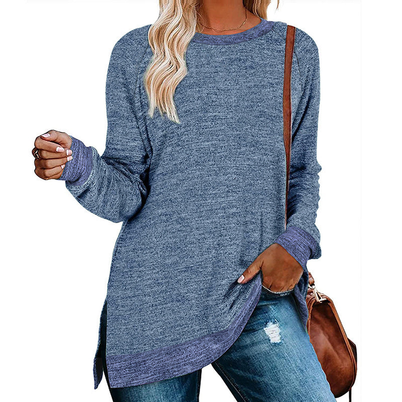 Camiseta informal de manga larga con cuello redondo y abertura en color para mujer