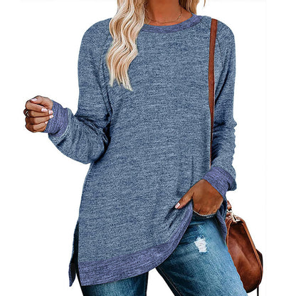 Camiseta informal de manga larga con cuello redondo y abertura en color para mujer