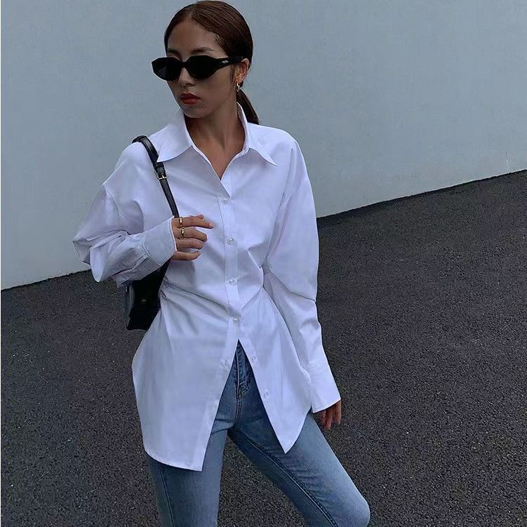Blusa informal de manga larga con solapa y color liso para mujer
