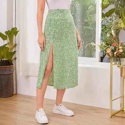 Summer Women Fashion Casual Small Tiny Flower Print Split Skirt