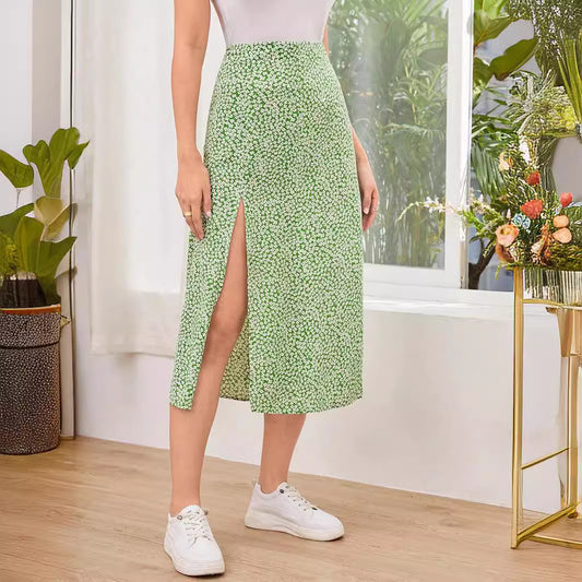 Falda con abertura y estampado de flores pequeñas para mujer, informal, de moda de verano