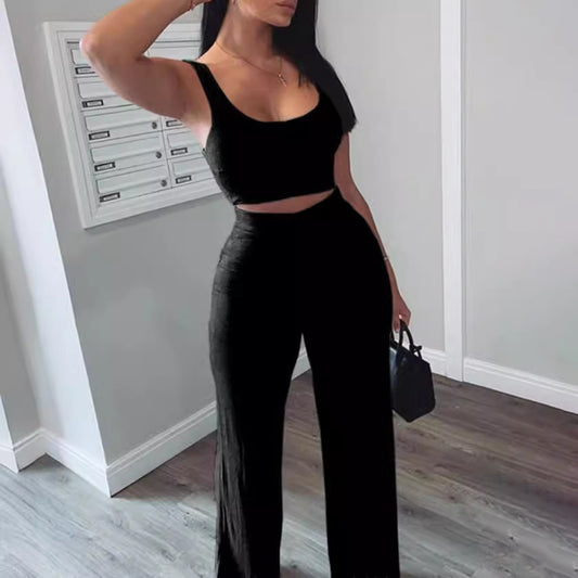 Conjunto de dos piezas de camiseta sin mangas informal de color liso con cintura alta y pantalón holgado para mujer