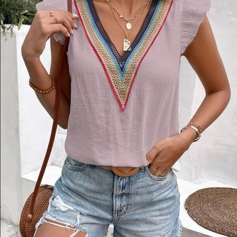 Blusa informal de moda para mujer con escote en V, encaje, color liso, volantes y mangas cortas
