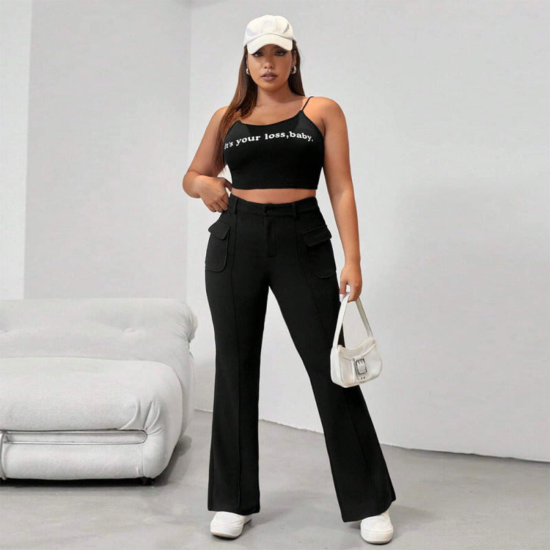 Women Plus Size Casual Street Solid Color Flip Pocket Flared Pants