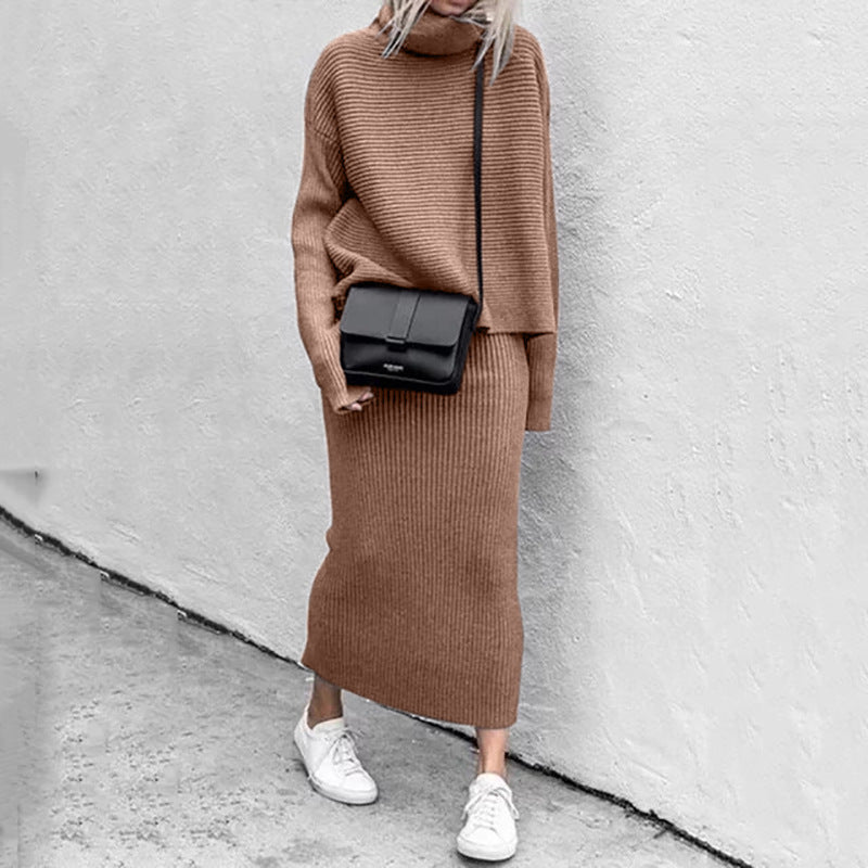 Conjunto de dos piezas informal holgado de cuello alto y manga larga para mujer, de punto liso, para invierno y otoño