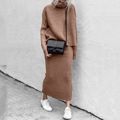 Conjunto de dos piezas informal holgado de cuello alto y manga larga para mujer, de punto liso, para invierno y otoño