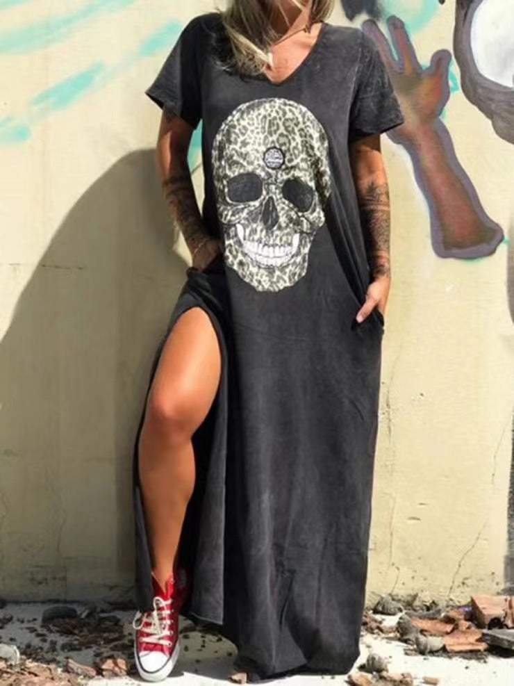 Women Casual Halloween Skull Print Loose Maxi Dress