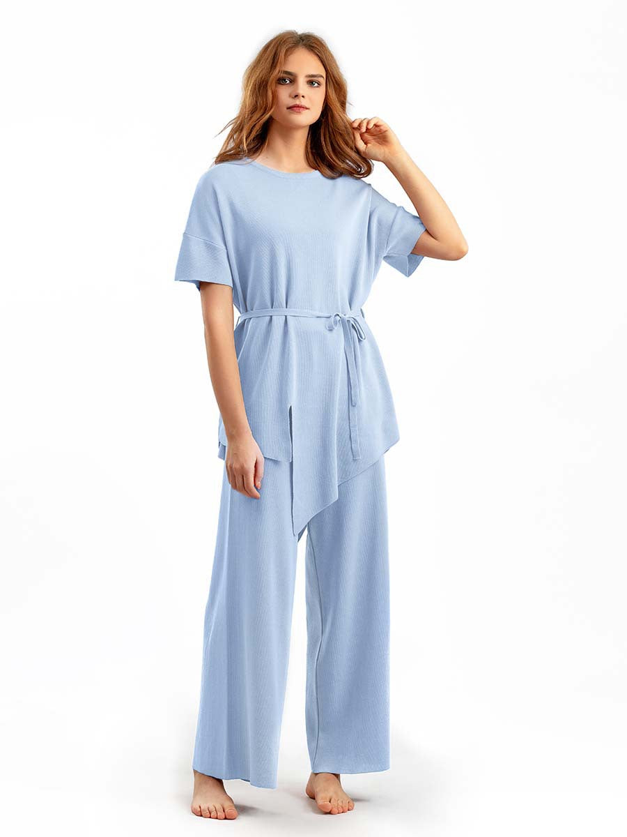 Conjunto de dos piezas de pantalón ancho y top irregular de color liso informal a la moda para mujer