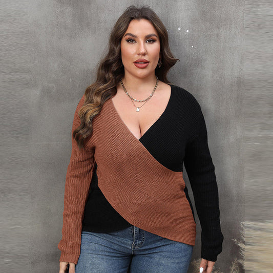 Suéter informal de punto cruzado con cuello en V y manga larga para mujer, talla grande, para invierno y otoño
