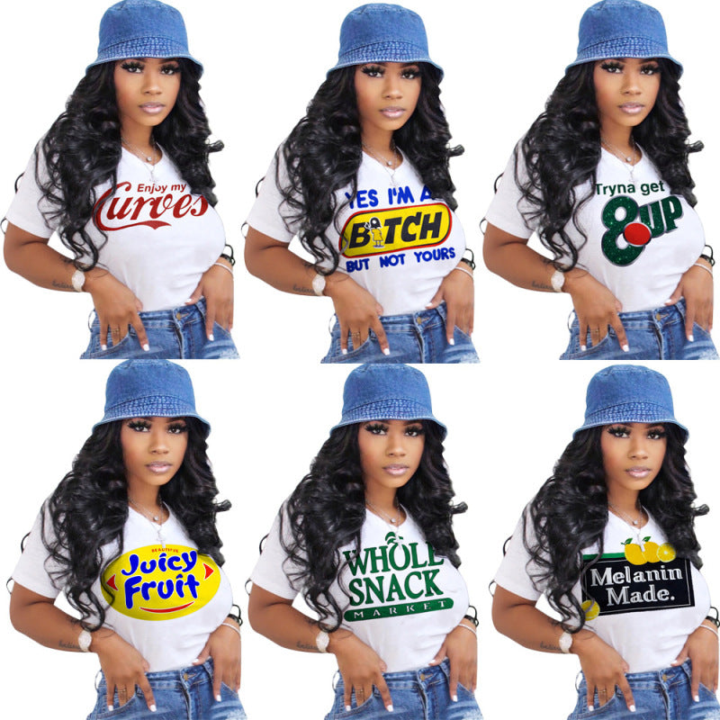 Camiseta informal de cuello redondo con estampado de letras y personajes para mujer, corte entallado