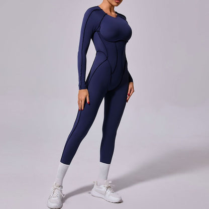 Women Fashion Casual Solid Color Long-Sleeve Backless One-Piece Yoga Sports Jumpsuits