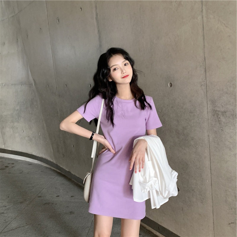 Women Fashion Casual Solid Color Slim-Fit Short Sleeve Dress