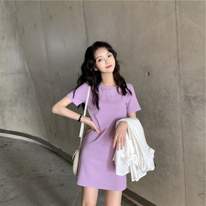 Women Fashion Casual Solid Color Slim-Fit Short Sleeve Dress