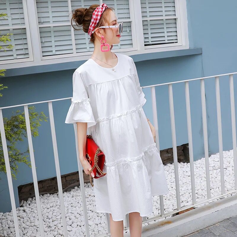 Pregnant Women Fashion Casual Loose Ruffled Stitching Short-Sleeve Dress