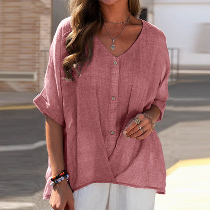 Blusas casuales de algodón y lino para mujer, color liso, con escote en V y botonadura sencilla
