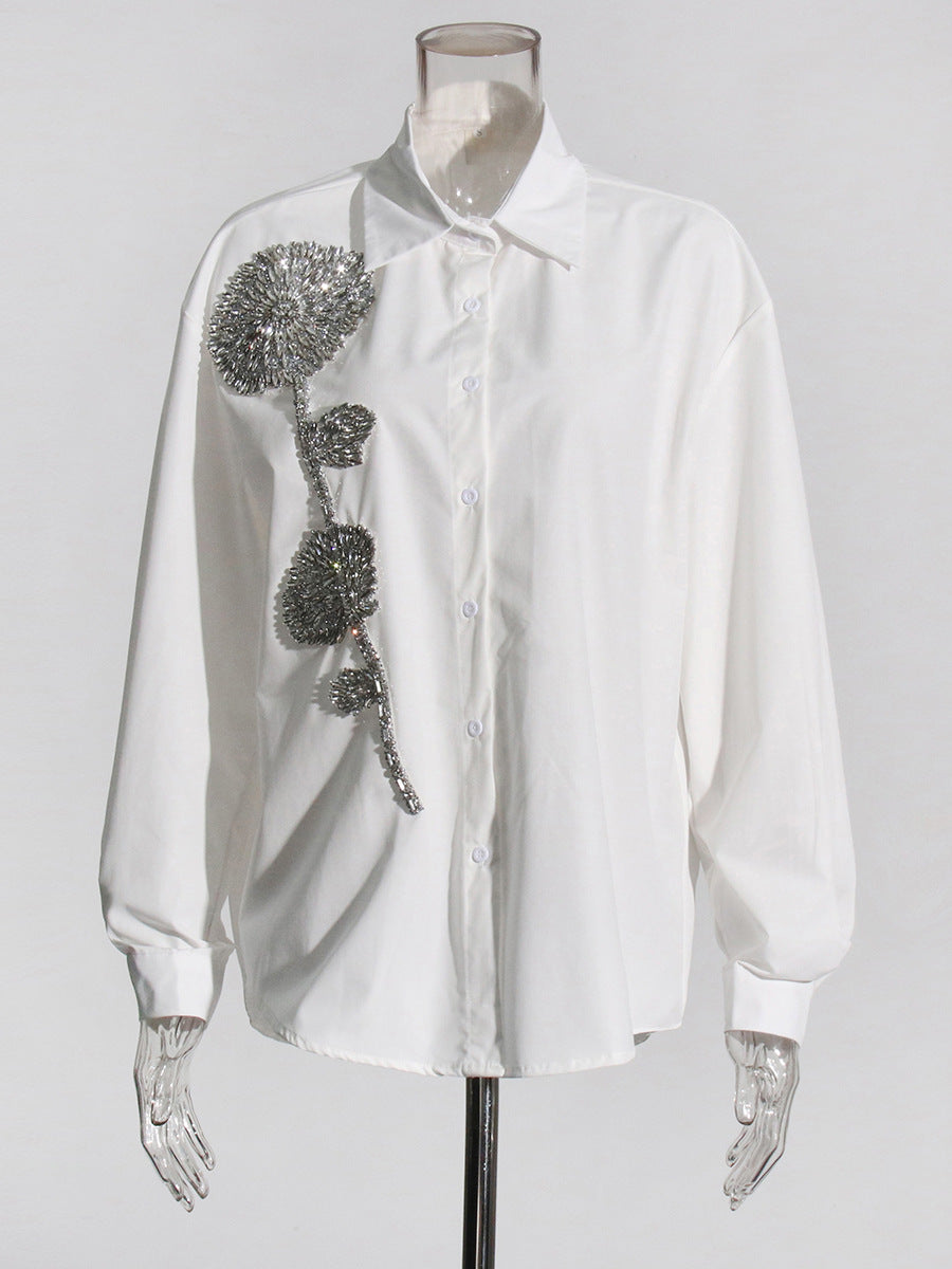 Blusa informal holgada de manga larga con solapa y flores de diamantes de imitación para mujer