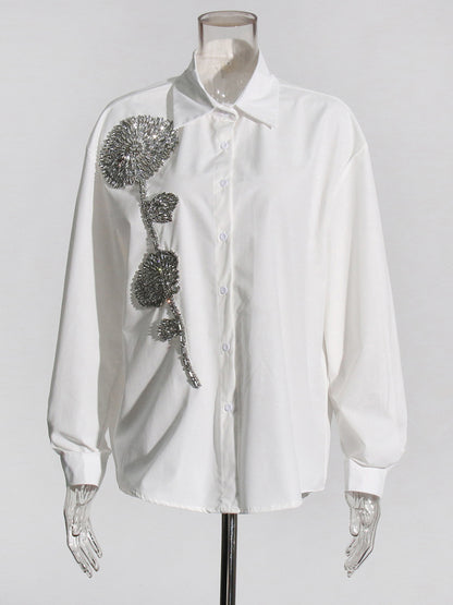 Blusa informal holgada de manga larga con solapa y flores de diamantes de imitación para mujer