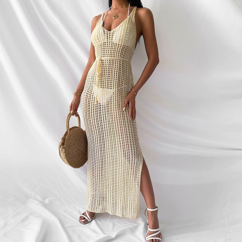 Vestido largo playero de punto calado, informal, de color liso, para vacaciones, para mujer
