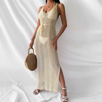 Vestido largo playero de punto calado, informal, de color liso, para vacaciones, para mujer