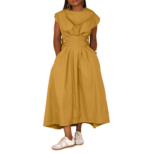 Vestido informal de nailon holgado con cuello redondo y vuelo grande para mujer, color liso