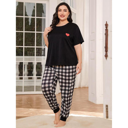 Conjunto de pijama informal de manga corta con estampado a cuadros para mujer, talla grande