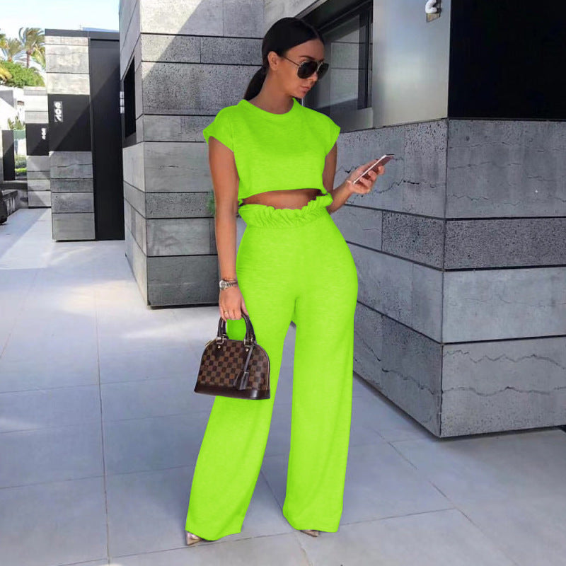 Conjunto de dos piezas de pantalones de manga corta de color liso informal a la moda para mujer