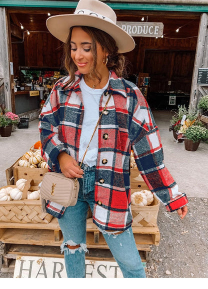Chaqueta informal de otoño para mujer, con solapa, manga larga y botones, con bloques de color y cuadros