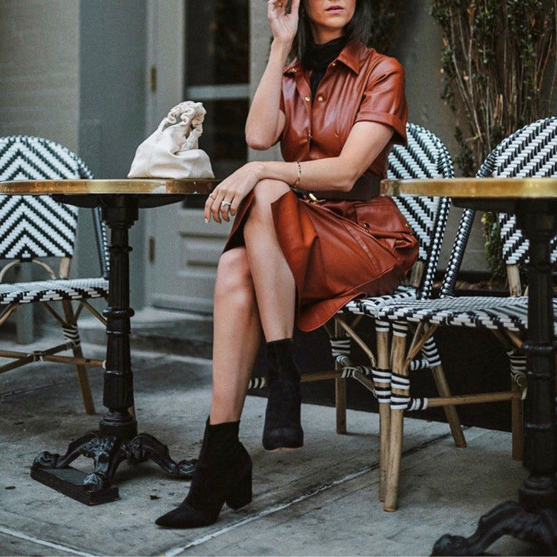 Women Fashion Casual PU Solid Color Leather Lapel Belt Short Sleeve Dress