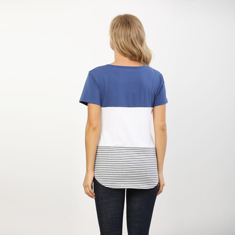 Camiseta de lactancia de manga corta con cuello redondo y costuras a rayas para embarazadas de verano
