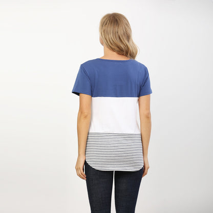 Camiseta de lactancia de manga corta con cuello redondo y costuras a rayas para embarazadas de verano