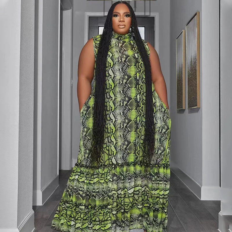 Sexy Women Plus Size Casual Sleeveless Snake Print Loose Maxi Dress