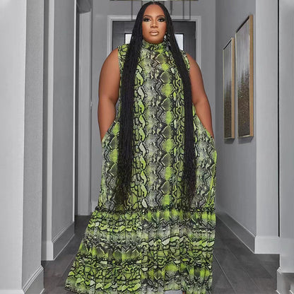Sexy Women Plus Size Casual Sleeveless Snake Print Loose Maxi Dress