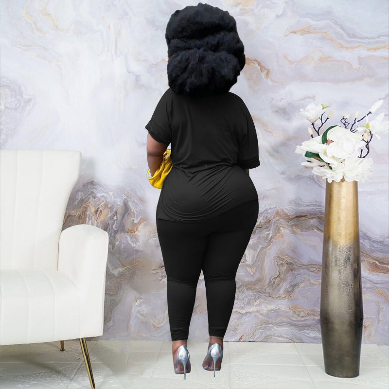 Conjunto de dos piezas para mujer, informal, de talla grande, color liso, con escote en V, camiseta holgada con abertura y pantalones ajustados