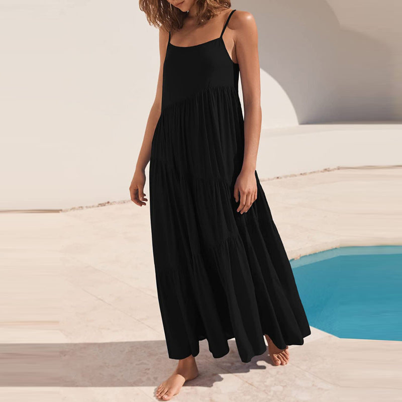Women Fashion Casual Solid Color Sling Creased Maxi Dress